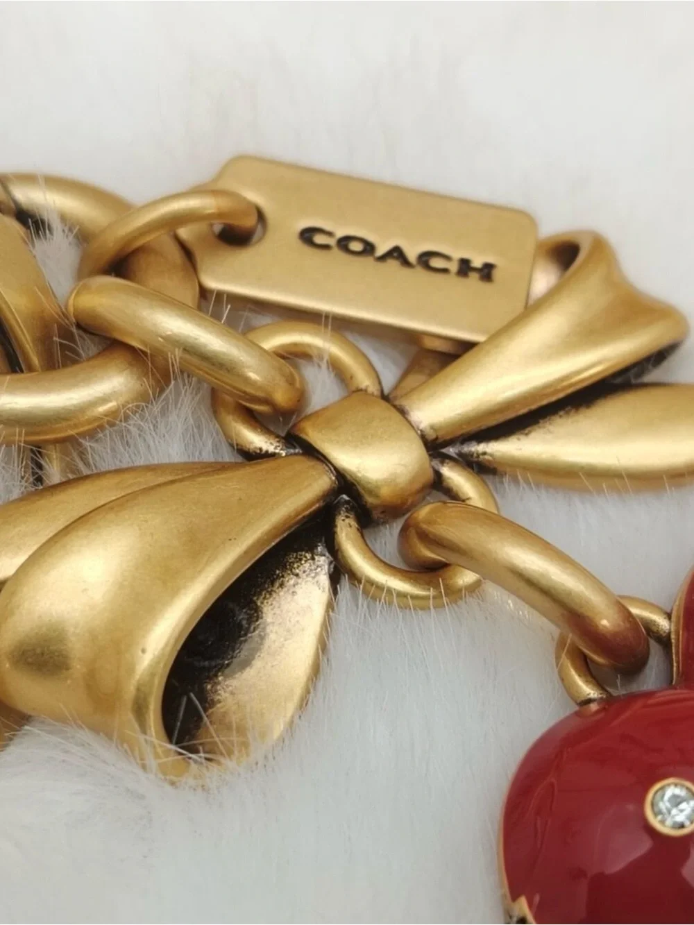 Coach Gold Bow and Red Heart Locket Charm Keychain
